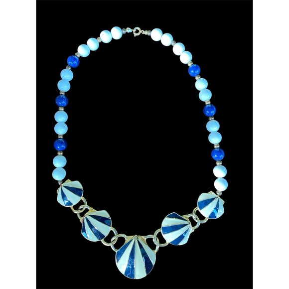 1980s Glass Beads Metal Enamel Necklace Shell Link Bib Circus Tent Blue White - Picture 2 of 9